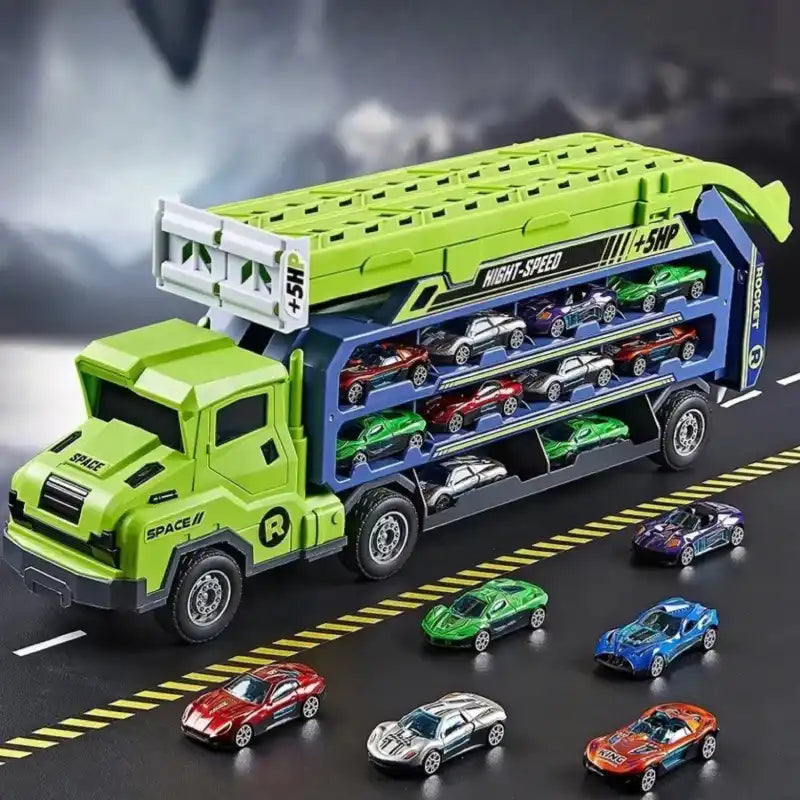 jouets-camion-transporteur-de-voitures-avec-circuit-voiture-vert