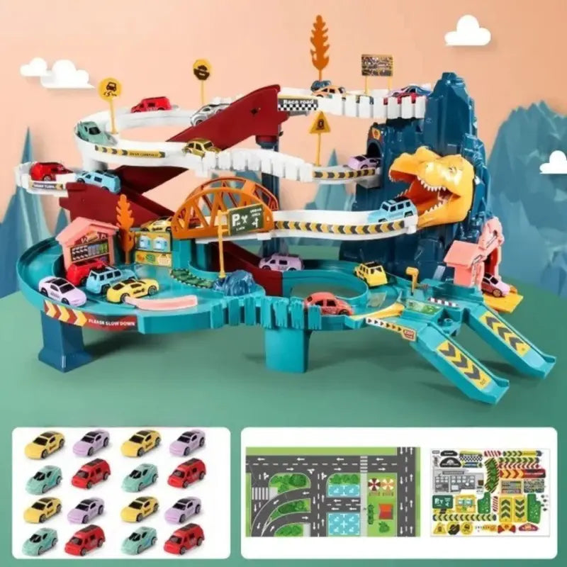 lot-circuit-voiture-montessori-dinosaure-16-mini-voitures-avec-autocolants