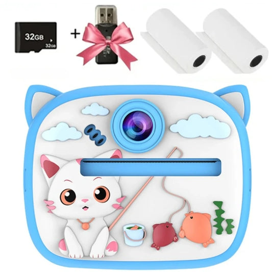appareil-instantane-enfant-chat-bleu-pecheur-rose-cadeau-garcon-3-ans-fond-blanc                                     