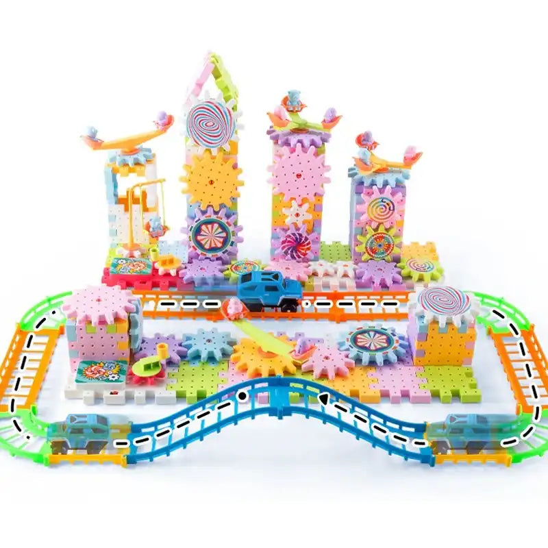 jeu-construction-engrenage-rose-avec-circuit-voiture-electrique-fond-banc