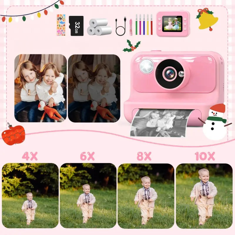 kit-Appareil Photo Impression Thermique Enfant Multifonction rose 