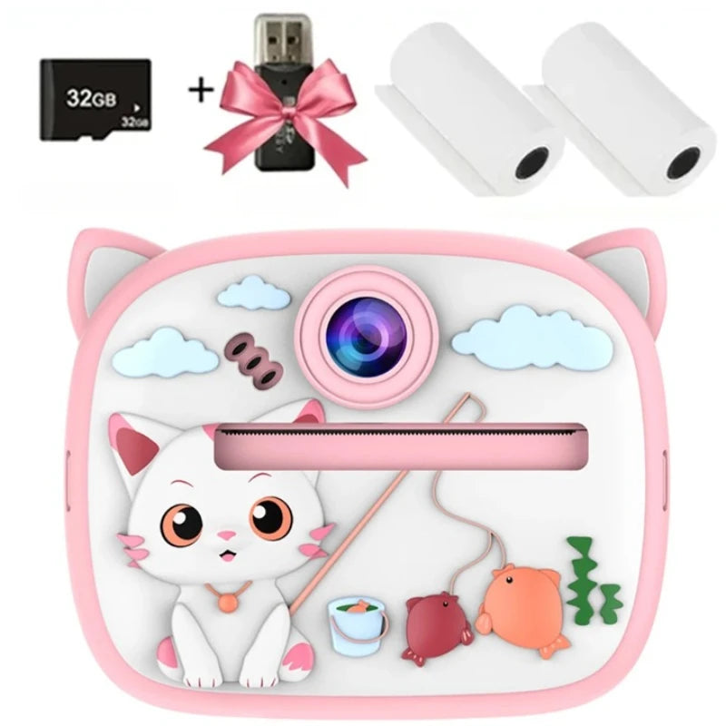 lot-appareil-instantane-enfant-chat-pecheur-rose-cadeau-fille-4-ans-fond-blanc                                     