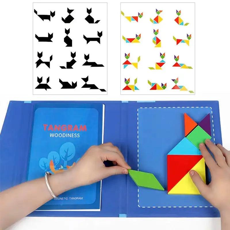 Tangram Magnétique En Bois - 160 Puzzles Avec Solutions, Jeu éducatif Pour Enfants Et Adultes